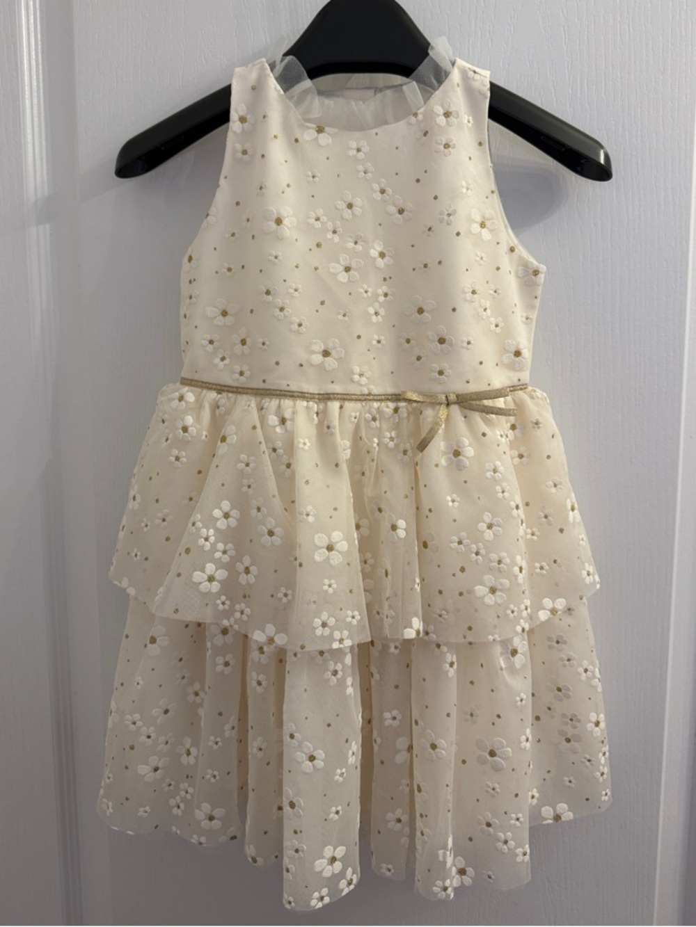 Janie and Jack Cream Floral Tiered Party Dress with Gold Trim